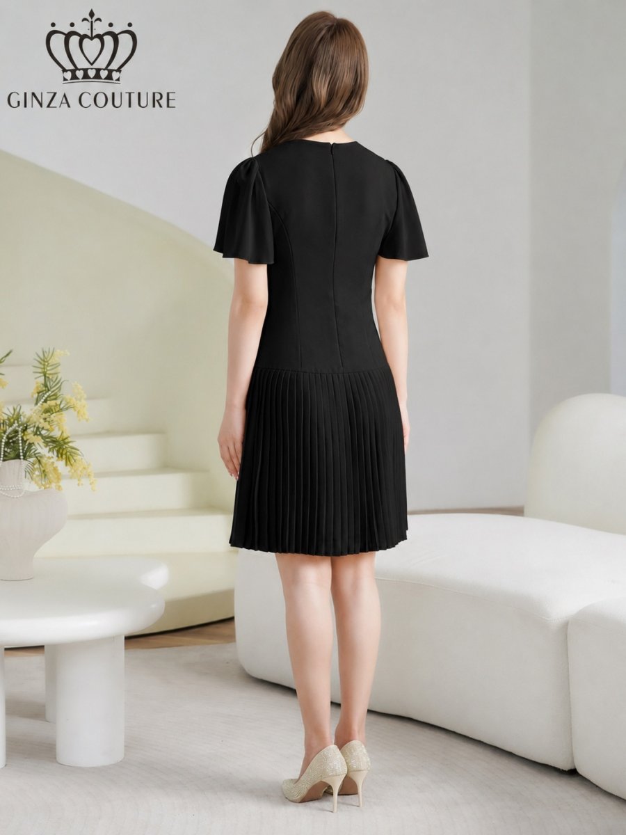 画像9: [ XS-Lサイズ / 3カラー][ERUKEI/GINZA COUTURE]フリルスリーブ・Vネック・フラワーコサージュ・ボタン・裾プリーツ・Aライン・ミニドレス・ワンピース[送料無料] (9)