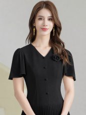 画像10: [ XS-Lサイズ / 3カラー][ERUKEI/GINZA COUTURE]フリルスリーブ・Vネック・フラワーコサージュ・ボタン・裾プリーツ・Aライン・ミニドレス・ワンピース[送料無料] (10)