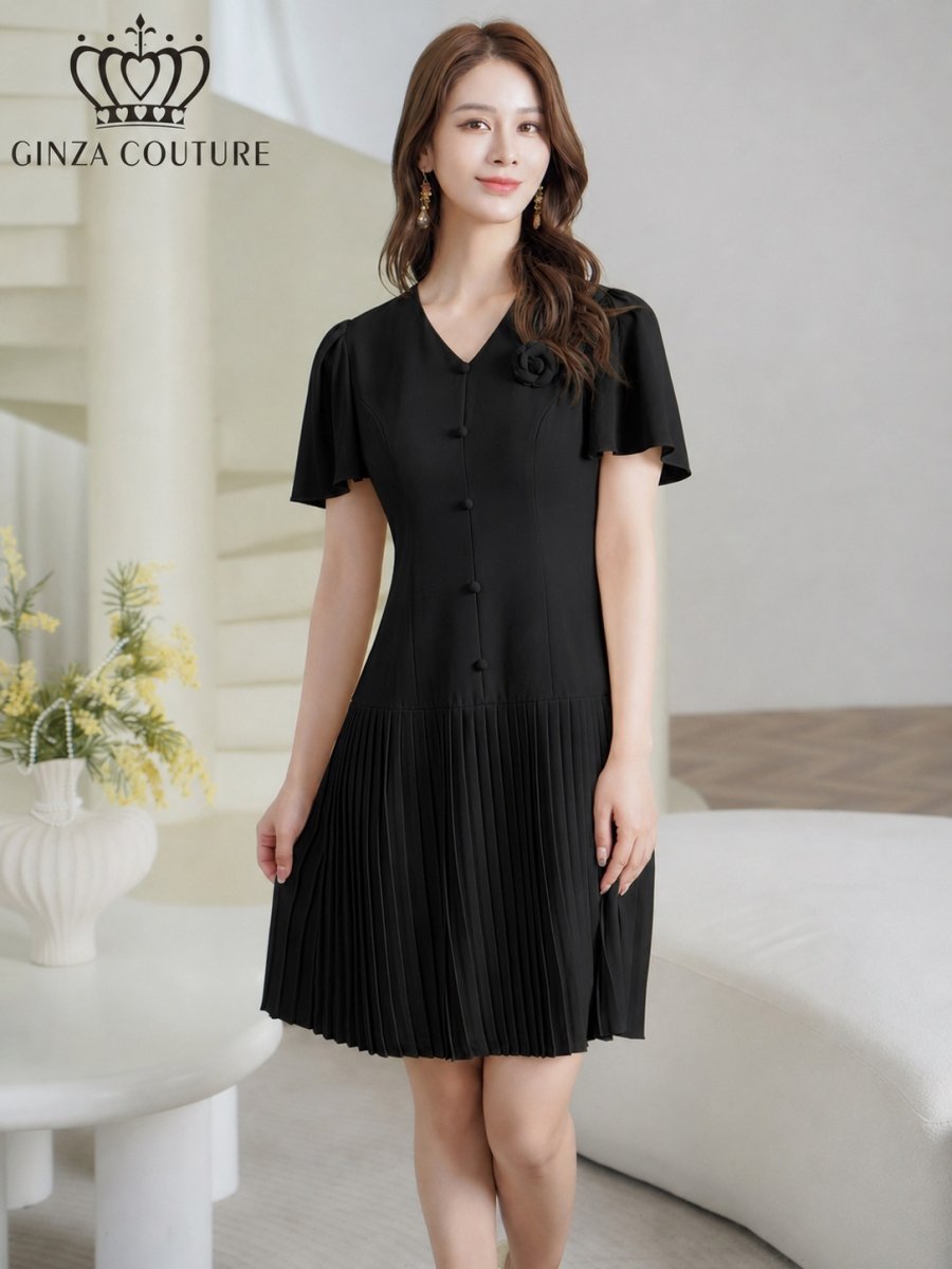 画像11: [ XS-Lサイズ / 3カラー][ERUKEI/GINZA COUTURE]フリルスリーブ・Vネック・フラワーコサージュ・ボタン・裾プリーツ・Aライン・ミニドレス・ワンピース[送料無料] (11)