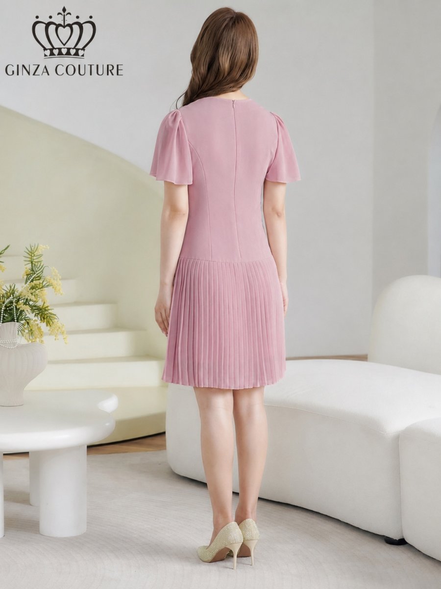 画像15: [ XS-Lサイズ / 3カラー][ERUKEI/GINZA COUTURE]フリルスリーブ・Vネック・フラワーコサージュ・ボタン・裾プリーツ・Aライン・ミニドレス・ワンピース[送料無料] (15)