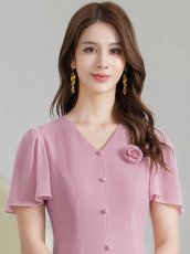 画像16: [ XS-Lサイズ / 3カラー][ERUKEI/GINZA COUTURE]フリルスリーブ・Vネック・フラワーコサージュ・ボタン・裾プリーツ・Aライン・ミニドレス・ワンピース[送料無料] (16)