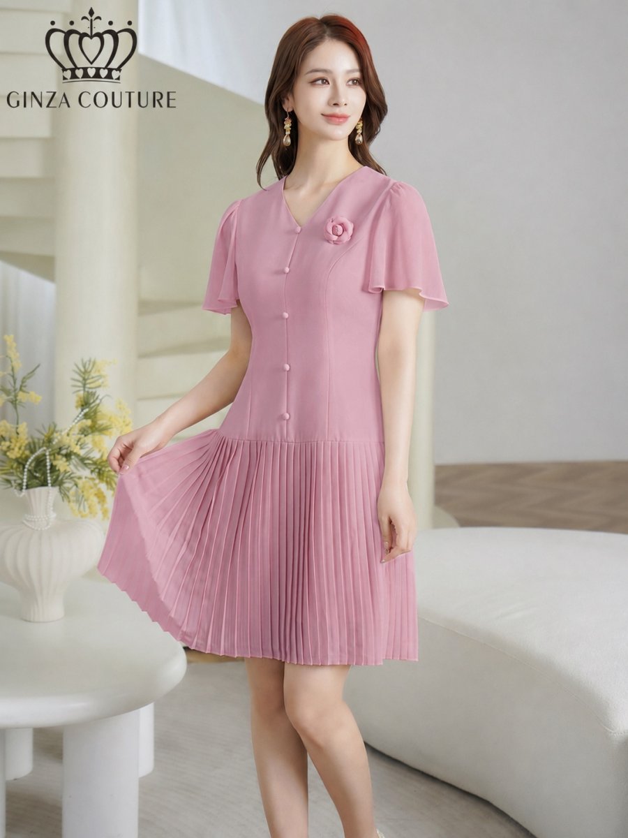 画像17: [ XS-Lサイズ / 3カラー][ERUKEI/GINZA COUTURE]フリルスリーブ・Vネック・フラワーコサージュ・ボタン・裾プリーツ・Aライン・ミニドレス・ワンピース[送料無料] (17)