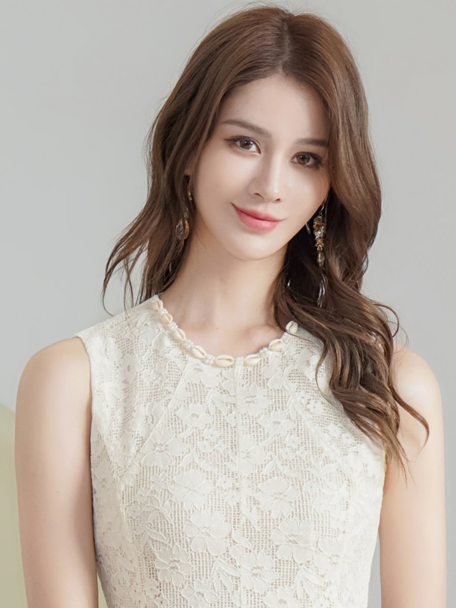 画像4: [ XS-Lサイズ / 1カラー][ERUKEI/GINZA COUTURE]シンプル・総レース・パール・ノースリーブ・インナーミニ・Aライン・ロングドレス[送料無料] (4)