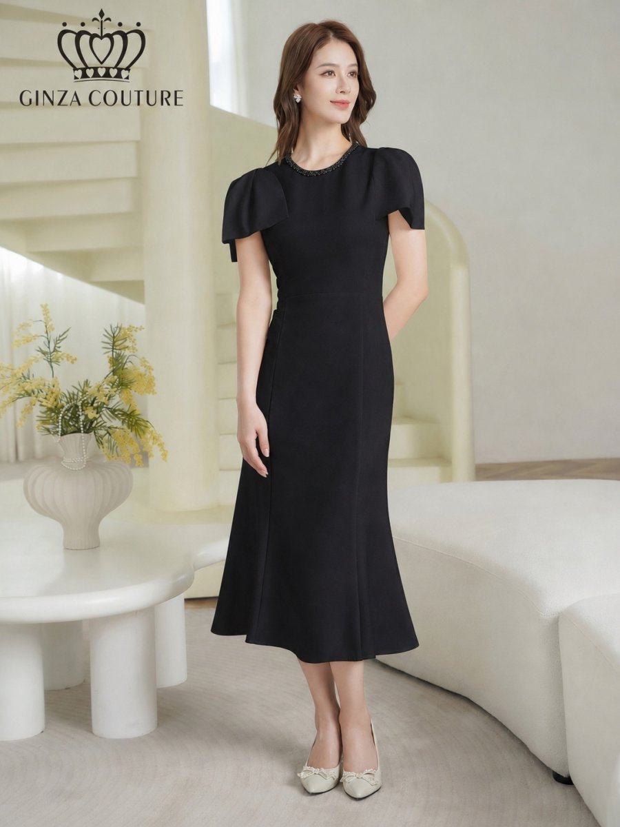 画像8: [ XS-Lサイズ / 2カラー][ERUKEI/GINZA COUTURE]シンプル・リボン・ラインストーン・タイト・マーメイド・ミディアムドレス・ワンピース[送料無料] (8)