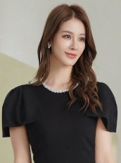 画像10: [ XS-Lサイズ / 2カラー][ERUKEI/GINZA COUTURE]シンプル・リボン・ラインストーン・タイト・マーメイド・ミディアムドレス・ワンピース[送料無料] (10)