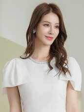 画像4: [ XS-Lサイズ / 2カラー][ERUKEI/GINZA COUTURE]シンプル・リボン・ラインストーン・タイト・マーメイド・ミディアムドレス・ワンピース[送料無料] (4)