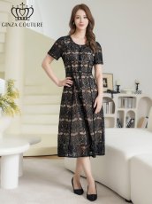 画像1: [ XS-Lサイズ / 1カラー ][ERUKEI/GINZA COUTURE]総レース・ビジューボタン・半袖・フェイクポケット・Aライン・ミディアムドレス・ワンピース[送料無料] (1)
