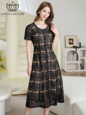 画像2: [ XS-Lサイズ / 1カラー ][ERUKEI/GINZA COUTURE]総レース・ビジューボタン・半袖・フェイクポケット・Aライン・ミディアムドレス・ワンピース[送料無料] (2)