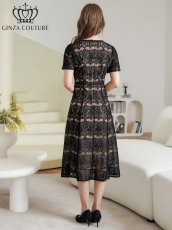 画像3: [ XS-Lサイズ / 1カラー ][ERUKEI/GINZA COUTURE]総レース・ビジューボタン・半袖・フェイクポケット・Aライン・ミディアムドレス・ワンピース[送料無料] (3)