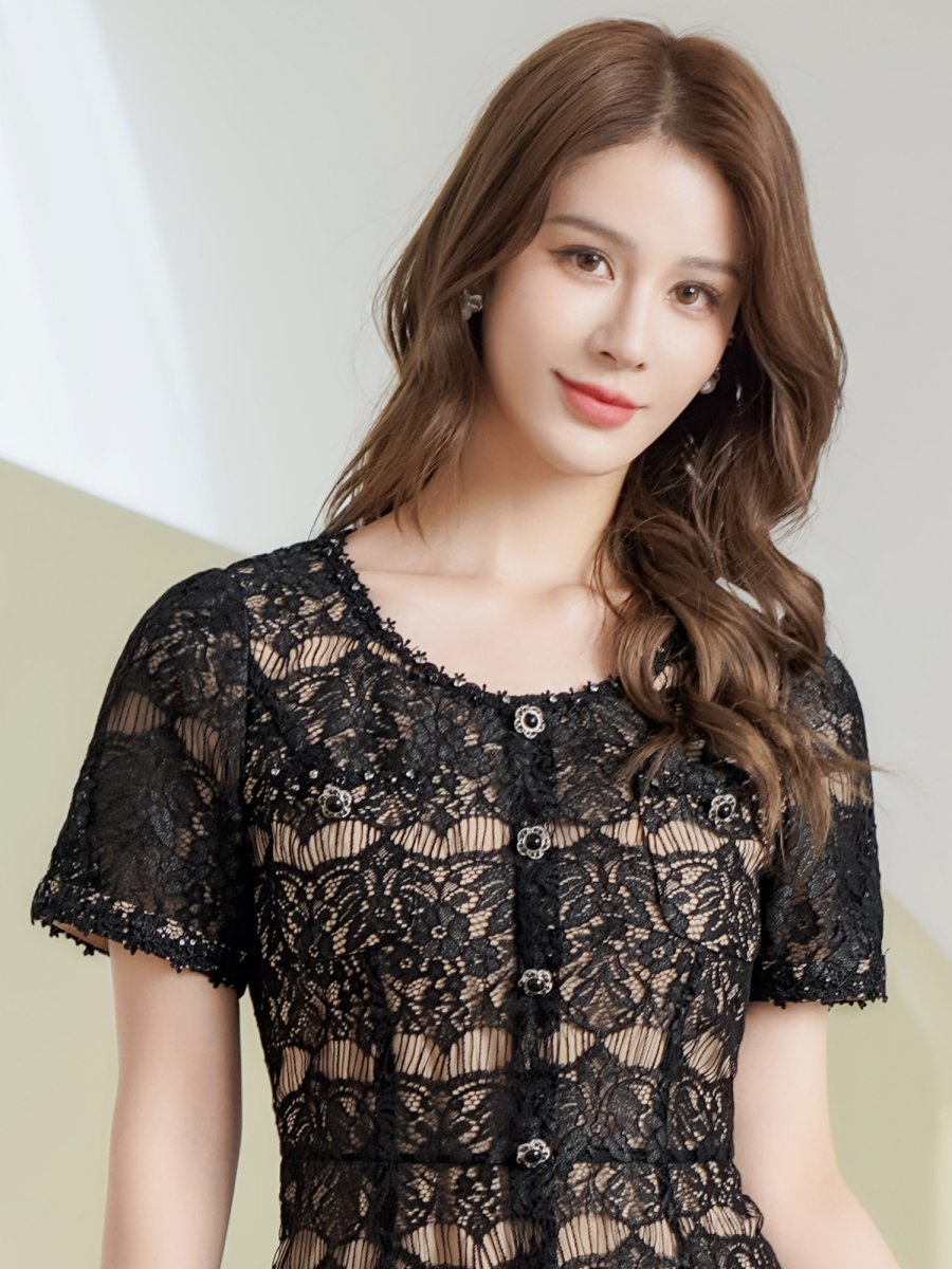画像4: [ XS-Lサイズ / 1カラー ][ERUKEI/GINZA COUTURE]総レース・ビジューボタン・半袖・フェイクポケット・Aライン・ミディアムドレス・ワンピース[送料無料] (4)