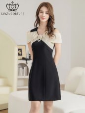 画像5: [ XS-Lサイズ / 1カラー][ERUKEI/GINZA COUTURE]バイカラー・オフショルダー・Vネック・フラワーコサージュ・パール・Aライン・ミニドレス・ワンピース[送料無料] (5)