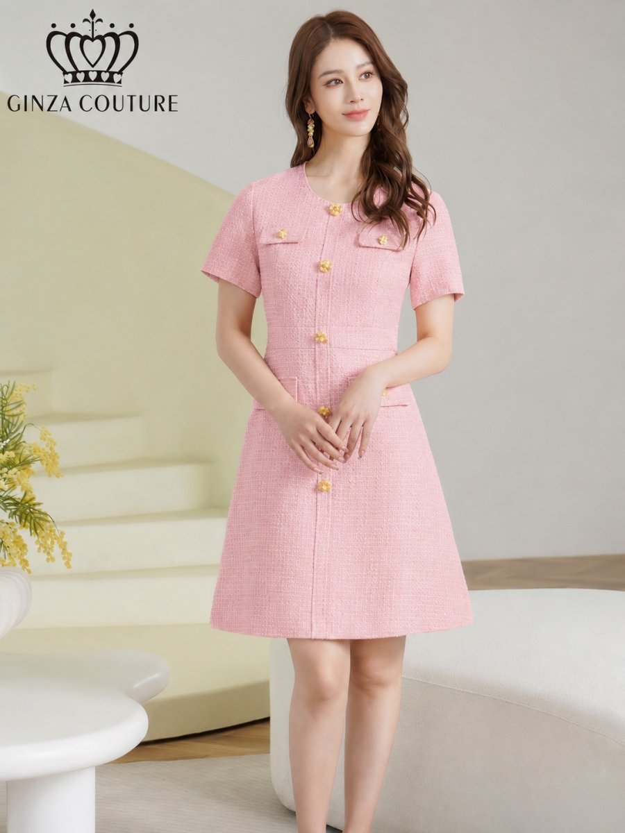 画像8: [ XS-Lサイズ / 2カラー][ERUKEI/GINZA COUTURE]半袖・Aライン・お花ボタン・フェイクポケット・ミニドレス・ワンピース[送料無料] (8)