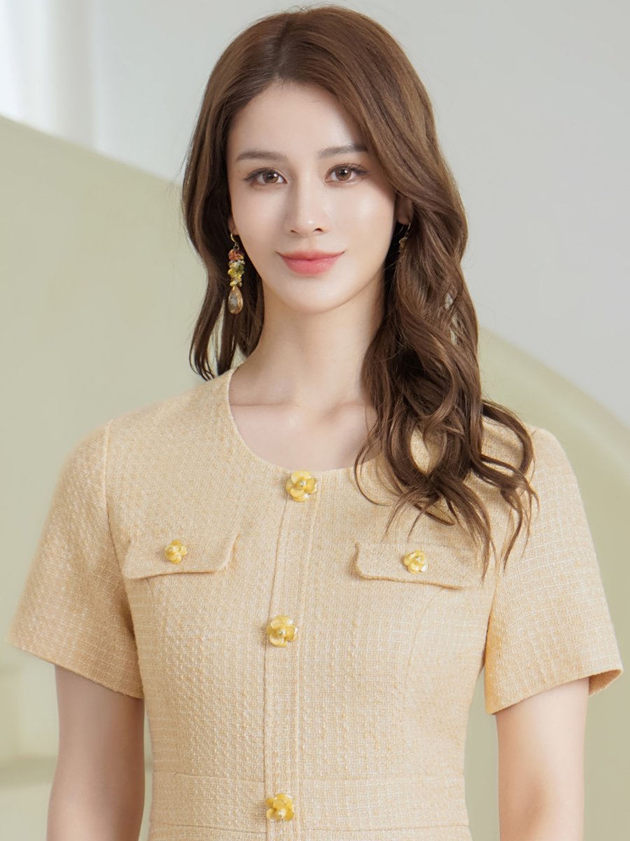 画像4: [ XS-Lサイズ / 2カラー][ERUKEI/GINZA COUTURE]半袖・Aライン・お花ボタン・フェイクポケット・ミニドレス・ワンピース[送料無料] (4)