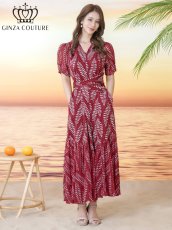 画像1: [ XS-Lサイズ / 1カラー][ERUKEI/GINZA COUTURE]リーフ柄・プリント・半袖・ベルト付き・Aライン・ロングドレス・ワンピース[送料無料] (1)