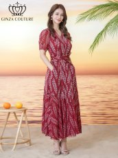 画像2: [ XS-Lサイズ / 1カラー][ERUKEI/GINZA COUTURE]リーフ柄・プリント・半袖・ベルト付き・Aライン・ロングドレス・ワンピース[送料無料] (2)