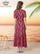 画像3: [ XS-Lサイズ / 1カラー][ERUKEI/GINZA COUTURE]リーフ柄・プリント・半袖・ベルト付き・Aライン・ロングドレス・ワンピース[送料無料] (3)