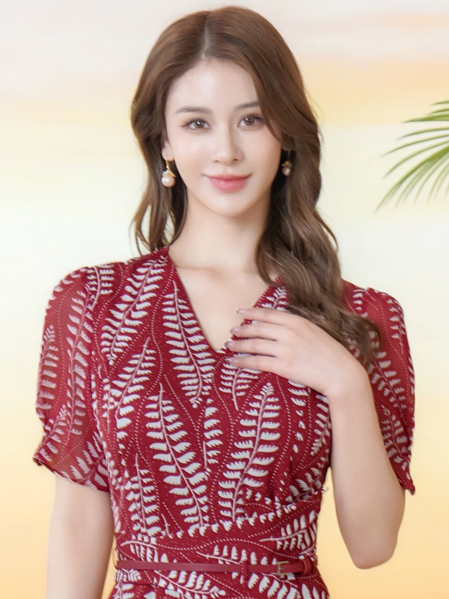 画像4: [ XS-Lサイズ / 1カラー][ERUKEI/GINZA COUTURE]リーフ柄・プリント・半袖・ベルト付き・Aライン・ロングドレス・ワンピース[送料無料] (4)