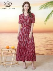 画像5: [ XS-Lサイズ / 1カラー][ERUKEI/GINZA COUTURE]リーフ柄・プリント・半袖・ベルト付き・Aライン・ロングドレス・ワンピース[送料無料] (5)