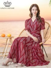 画像6: [ XS-Lサイズ / 1カラー][ERUKEI/GINZA COUTURE]リーフ柄・プリント・半袖・ベルト付き・Aライン・ロングドレス・ワンピース[送料無料] (6)
