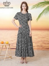 画像7: [ XS-Lサイズ / 2カラー][ERUKEI/GINZA COUTURE]柄物・ラウンドネック・半袖・ベルト付き・ポケット・Aライン・ティアード・フレア・ロングドレス[送料無料] (7)