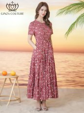 画像1: [ XS-Lサイズ / 2カラー][ERUKEI/GINZA COUTURE]柄物・ラウンドネック・半袖・ベルト付き・ポケット・Aライン・ティアード・フレア・ロングドレス[送料無料] (1)