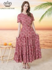 画像2: [ XS-Lサイズ / 2カラー][ERUKEI/GINZA COUTURE]柄物・ラウンドネック・半袖・ベルト付き・ポケット・Aライン・ティアード・フレア・ロングドレス[送料無料] (2)