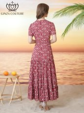 画像3: [ XS-Lサイズ / 2カラー][ERUKEI/GINZA COUTURE]柄物・ラウンドネック・半袖・ベルト付き・ポケット・Aライン・ティアード・フレア・ロングドレス[送料無料] (3)