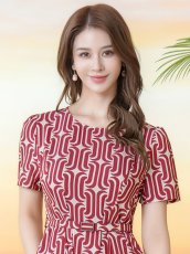 画像4: [ XS-Lサイズ / 2カラー][ERUKEI/GINZA COUTURE]柄物・ラウンドネック・半袖・ベルト付き・ポケット・Aライン・ティアード・フレア・ロングドレス[送料無料] (4)