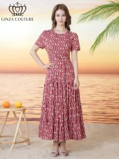 画像5: [ XS-Lサイズ / 2カラー][ERUKEI/GINZA COUTURE]柄物・ラウンドネック・半袖・ベルト付き・ポケット・Aライン・ティアード・フレア・ロングドレス[送料無料] (5)