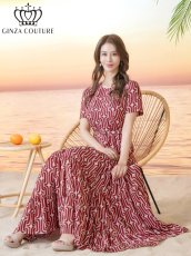 画像6: [ XS-Lサイズ / 2カラー][ERUKEI/GINZA COUTURE]柄物・ラウンドネック・半袖・ベルト付き・ポケット・Aライン・ティアード・フレア・ロングドレス[送料無料] (6)