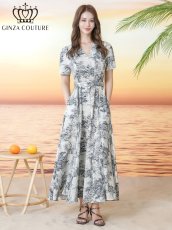 画像1: [ XS-Lサイズ / 2カラー][ERUKEI/GINZA COUTURE]柄物・Vネック・半袖・ベルト付き・ポケット・Aライン・フレア・ロングドレス[送料無料] (1)