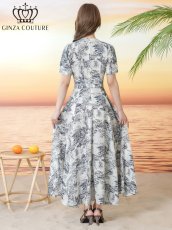画像3: [ XS-Lサイズ / 2カラー][ERUKEI/GINZA COUTURE]柄物・Vネック・半袖・ベルト付き・ポケット・Aライン・フレア・ロングドレス[送料無料] (3)