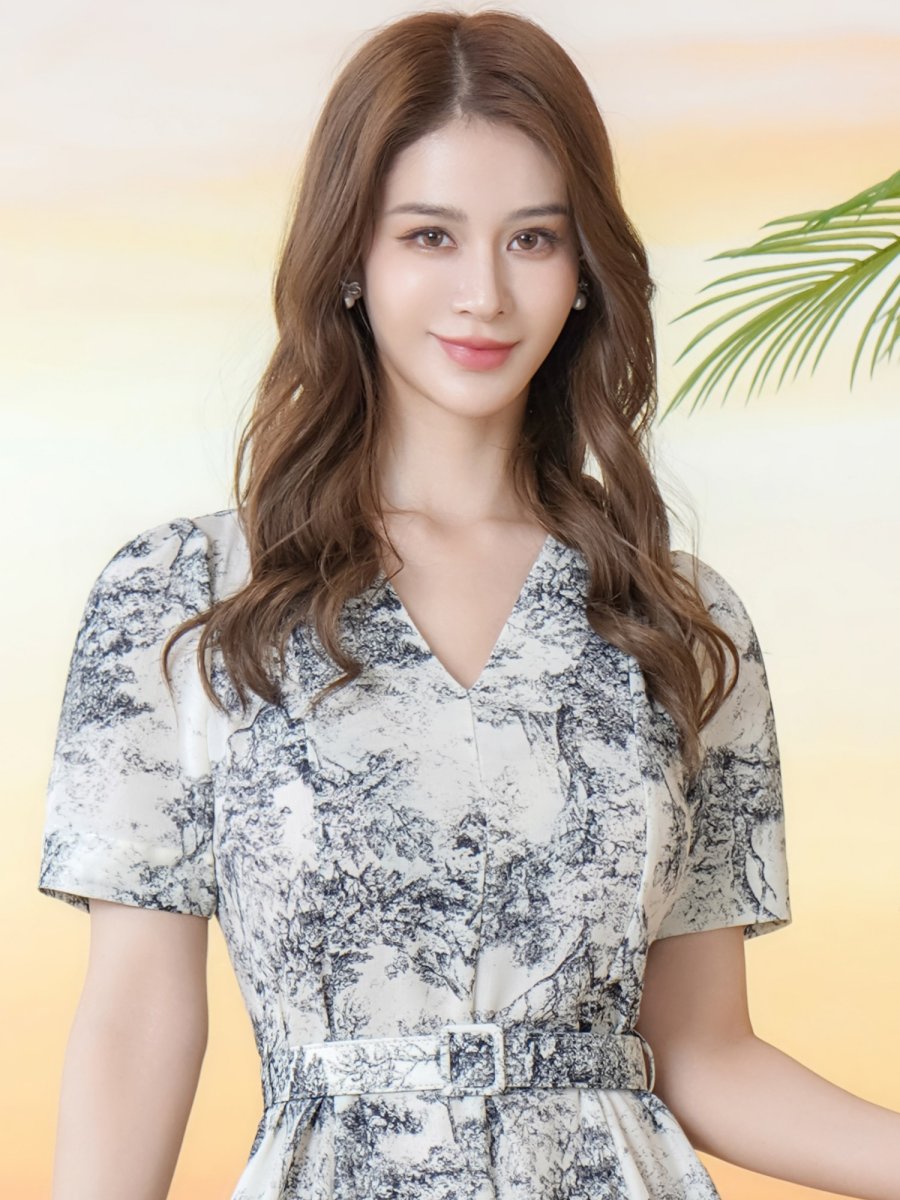 画像4: [ XS-Lサイズ / 2カラー][ERUKEI/GINZA COUTURE]柄物・Vネック・半袖・ベルト付き・ポケット・Aライン・フレア・ロングドレス[送料無料] (4)