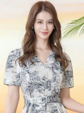画像4: [ XS-Lサイズ / 2カラー][ERUKEI/GINZA COUTURE]柄物・Vネック・半袖・ベルト付き・ポケット・Aライン・フレア・ロングドレス[送料無料] (4)