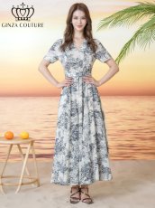 画像5: [ XS-Lサイズ / 2カラー][ERUKEI/GINZA COUTURE]柄物・Vネック・半袖・ベルト付き・ポケット・Aライン・フレア・ロングドレス[送料無料] (5)