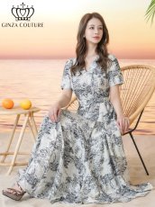 画像6: [ XS-Lサイズ / 2カラー][ERUKEI/GINZA COUTURE]柄物・Vネック・半袖・ベルト付き・ポケット・Aライン・フレア・ロングドレス[送料無料] (6)
