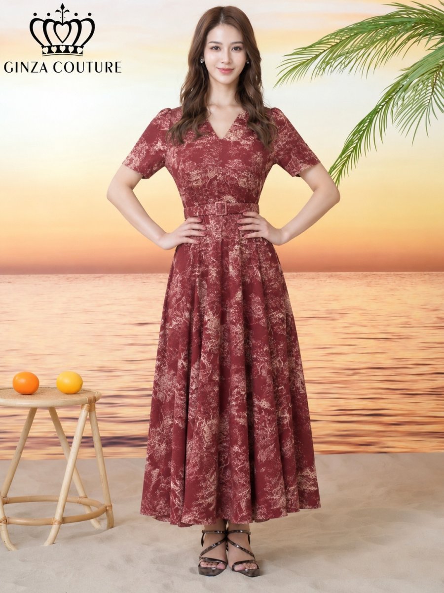 画像7: [ XS-Lサイズ / 2カラー][ERUKEI/GINZA COUTURE]柄物・Vネック・半袖・ベルト付き・ポケット・Aライン・フレア・ロングドレス[送料無料] (7)
