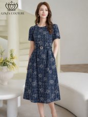 画像7: [ XS-Lサイズ / 2カラー][ERUKEI/GINZA COUTURE]ジャガード・花柄・半袖・ベルト付き・Aライン・フレア・ミディアムドレス・ワンピース[送料無料] (7)
