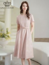 画像2: [ XS-Lサイズ / 2カラー][ERUKEI/GINZA COUTURE]ジャガード・花柄・半袖・ベルト付き・Aライン・フレア・ミディアムドレス・ワンピース[送料無料] (2)