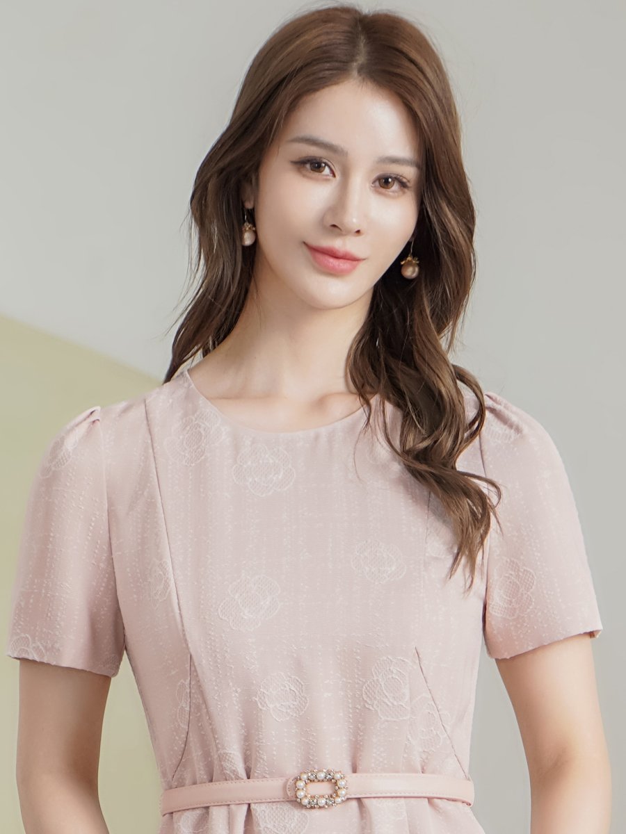 画像4: [ XS-Lサイズ / 2カラー][ERUKEI/GINZA COUTURE]ジャガード・花柄・半袖・ベルト付き・Aライン・フレア・ミディアムドレス・ワンピース[送料無料] (4)