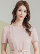 画像4: [ XS-Lサイズ / 2カラー][ERUKEI/GINZA COUTURE]ジャガード・花柄・半袖・ベルト付き・Aライン・フレア・ミディアムドレス・ワンピース[送料無料] (4)