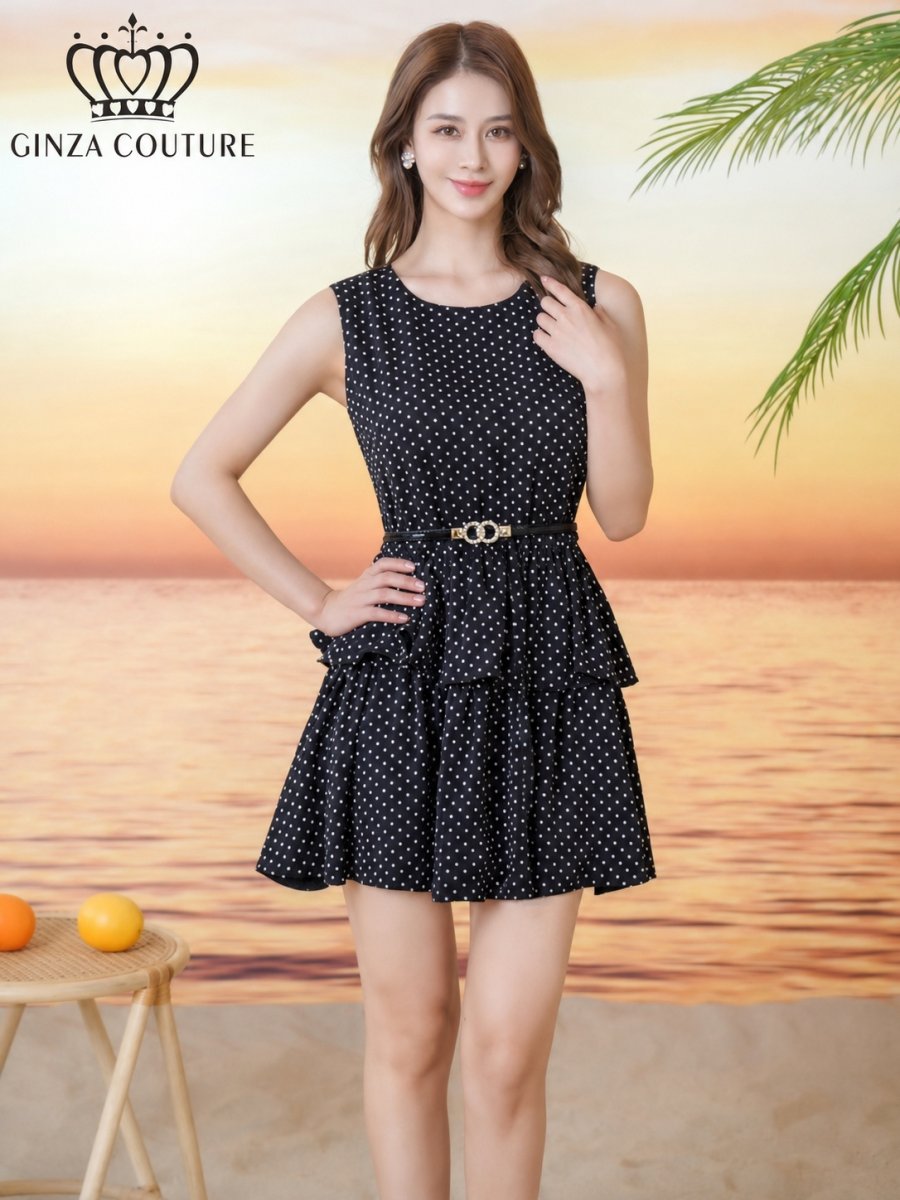 画像1: [ XS-Lサイズ / 1カラー][ERUKEI/GINZA COUTURE]プリント・ドット柄・ベルト付き・ティアード・フレア・Aライン・ノースリーブ・ミニドレス・ワンピース[送料無料] (1)