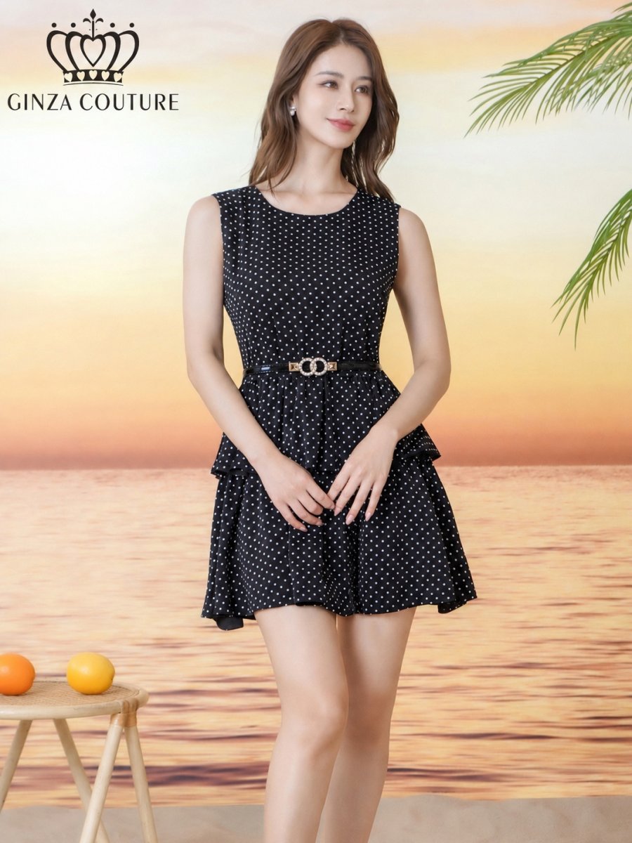 画像2: [ XS-Lサイズ / 1カラー][ERUKEI/GINZA COUTURE]プリント・ドット柄・ベルト付き・ティアード・フレア・Aライン・ノースリーブ・ミニドレス・ワンピース[送料無料] (2)