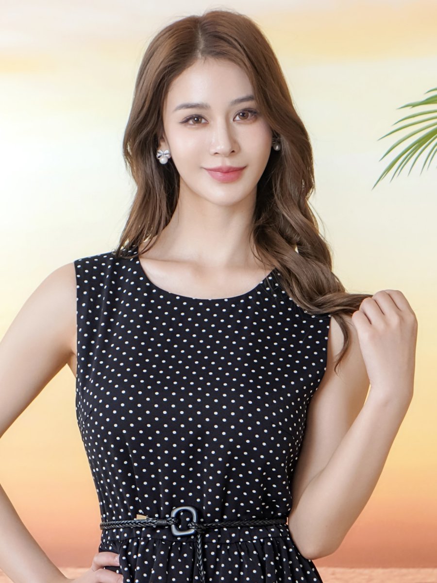 画像4: [ XS-Lサイズ / 1カラー][ERUKEI/GINZA COUTURE]プリント・ドット柄・ベルト付き・ティアード・フレア・Aライン・ノースリーブ・ミニドレス・ワンピース[送料無料] (4)