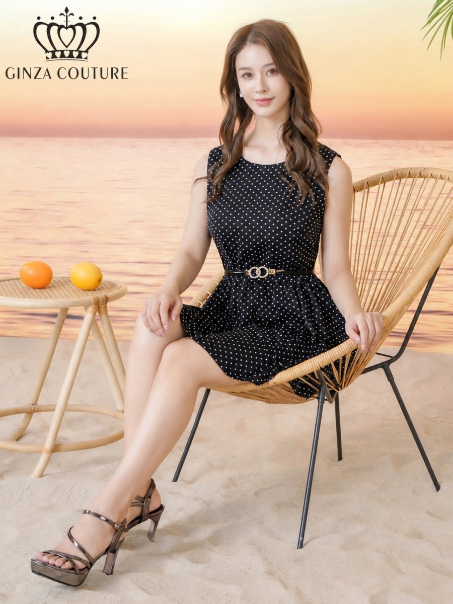 画像6: [ XS-Lサイズ / 1カラー][ERUKEI/GINZA COUTURE]プリント・ドット柄・ベルト付き・ティアード・フレア・Aライン・ノースリーブ・ミニドレス・ワンピース[送料無料] (6)