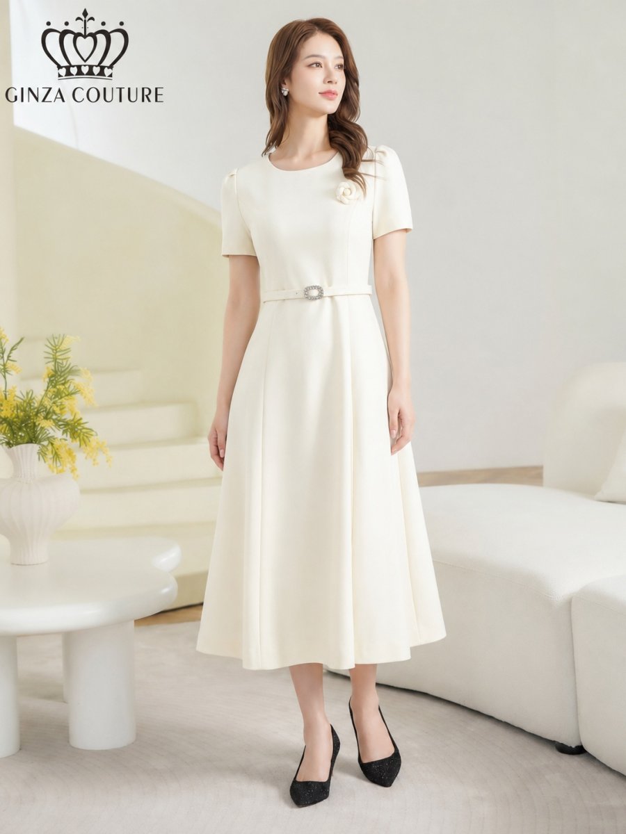 画像7: [ XS-Lサイズ / 3カラー][ERUKEI/GINZA COUTURE]シンプル・フラワーモチーフ・半袖・ベルト付き・Aライン・フレア・ミディアムドレス・ワンピース[送料無料] (7)