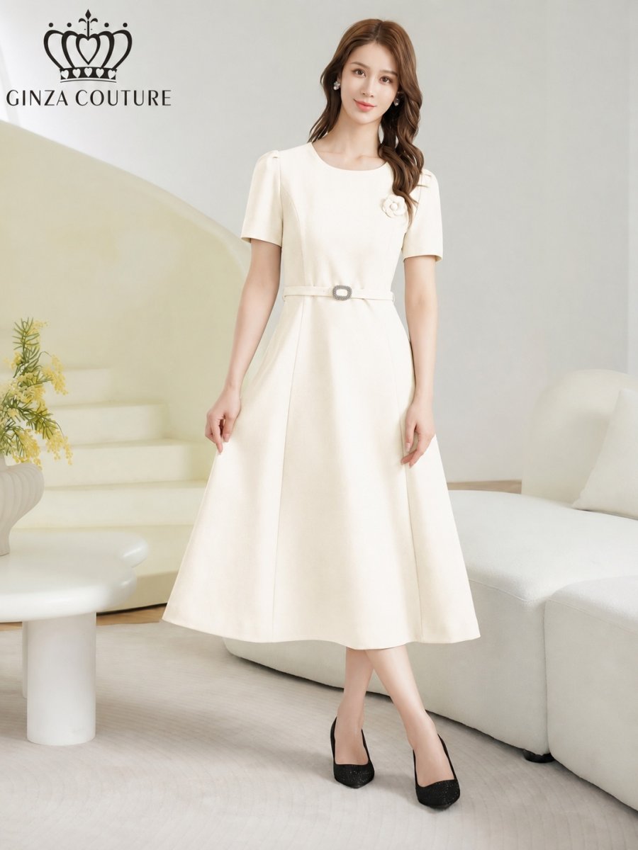 画像8: [ XS-Lサイズ / 3カラー][ERUKEI/GINZA COUTURE]シンプル・フラワーモチーフ・半袖・ベルト付き・Aライン・フレア・ミディアムドレス・ワンピース[送料無料] (8)