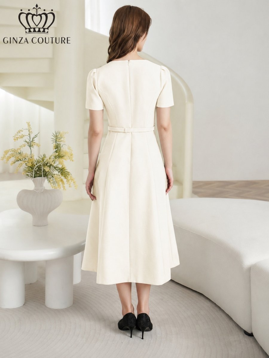 画像9: [ XS-Lサイズ / 3カラー][ERUKEI/GINZA COUTURE]シンプル・フラワーモチーフ・半袖・ベルト付き・Aライン・フレア・ミディアムドレス・ワンピース[送料無料] (9)