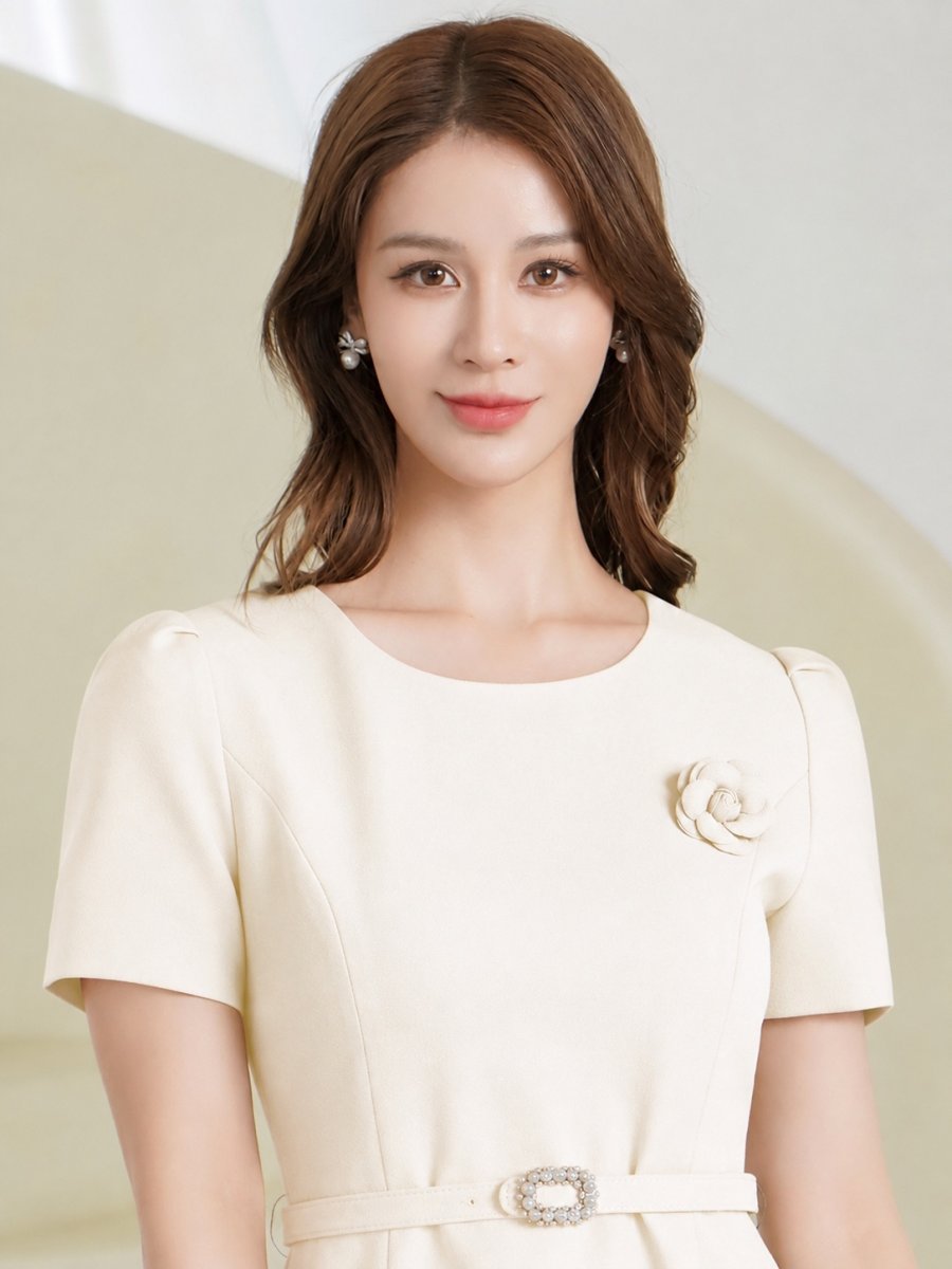 画像10: [ XS-Lサイズ / 3カラー][ERUKEI/GINZA COUTURE]シンプル・フラワーモチーフ・半袖・ベルト付き・Aライン・フレア・ミディアムドレス・ワンピース[送料無料] (10)