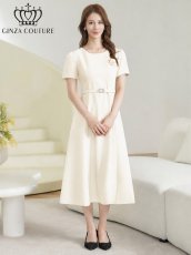 画像11: [ XS-Lサイズ / 3カラー][ERUKEI/GINZA COUTURE]シンプル・フラワーモチーフ・半袖・ベルト付き・Aライン・フレア・ミディアムドレス・ワンピース[送料無料] (11)